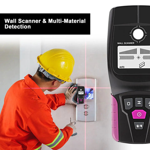 Professional Wall Scanner, Stud Finder & Live Wire Detector in use, detecting materials on wall with a worker in safety gear.