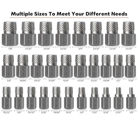 Heavy Duty 29 Piece Screw Extractor Set Hex Head MultiSpline Easy Out Bolt Remover Kit In CRMO Steel for various sizes shown