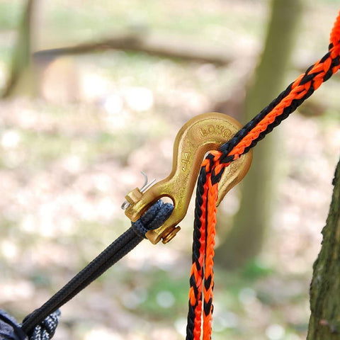 4 Pack Clevis Grab Hooks Heavy Duty Grade 70 Chain Forged Alloy Steel With Yellow Chromate Finish attached to ropes