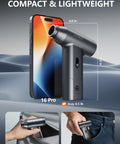 Beast Cordless Air Duster next to smartphone, compact size, shown fitting inside a backpack pocket, lightweight design.