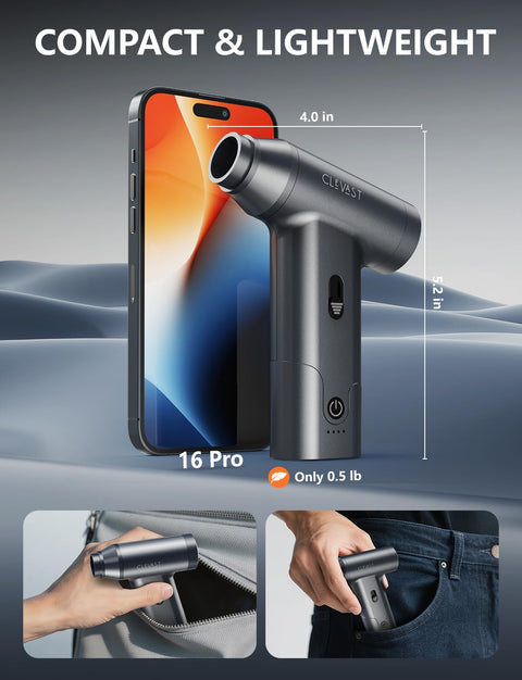 Beast Cordless Air Duster next to smartphone, compact size, shown fitting inside a backpack pocket, lightweight design.