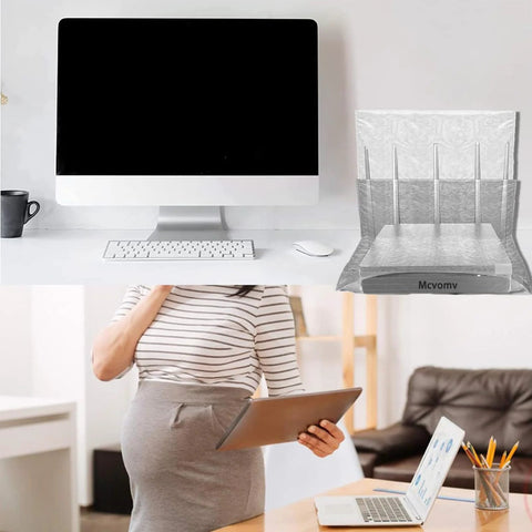 EMF Blocking Faraday Box Router Cover for WiFi Shield and EMF Protection, shown installed beside a desktop computer