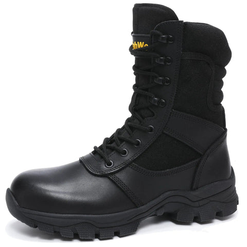 8 Inch Steel Toe Work Boots With Side Zipper For Industrial Construction And Roofing Lightweight Comfortable Indestructible Tough As Nails Puncture Proof Safety Boots With All Terrain Non Slip Outsole For Warehouse Logger Size Nine Point Five Black, side view