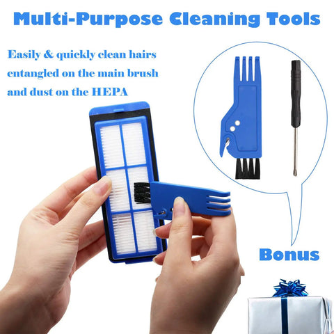 Person holding a blue HEPA filter with cleaning brush from Replacement Parts Kit For Eufy Robotic Vacuums G30 G30 Edge G30 Hybrid 15C Max 30C Max 25C Max