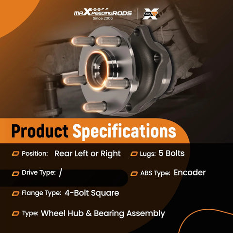 Two Piece Beefy Rear Wheel Bearing And Hub Assembly 512401 Fit Scion FRS 2013 2016 Subaru BRZ 2013 2019 Forester 2009 2013 Legacy Outback 2010 2014 Impreza 2008 2014 Toyota 86 2017 2019 5 Lug With ABS showing rear left or right view, 5 lug studs and 4-bolt flange square, ABS encoder.