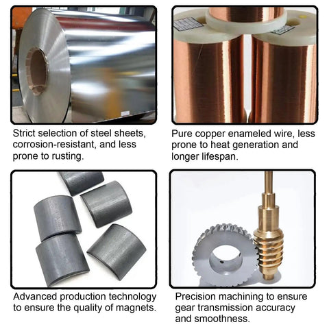 Materials and components used in RS550 DC Motor 8.2mm Gear 14 Teeth Micro Motor 21V 28000RPM High Speed Electric Saw Motor, including steel and copper.