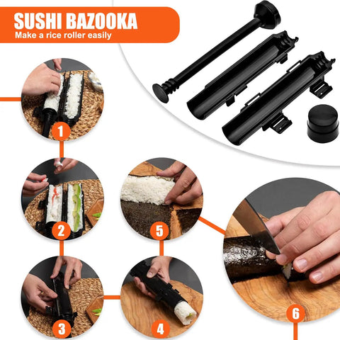 Steps to use Sushi Bazooka from 28 In 1 Sushi Making Kit With Roller And Bamboo Mats Bazooka Nigiri Gunkan Molds Musubi Maker Rice Ball Mold And More Easy Home Sushi Set For Beginners Ready To Roll Like A Pro