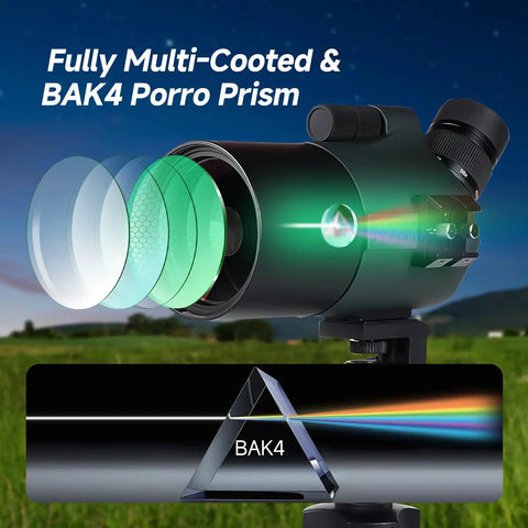 Mak Maksutov Spotting Scope Kit With Finderscope And Wifi Camera For Digiscoping Moon And Planets, multi-coated lens detail