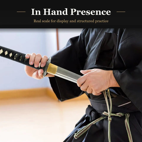 Unsharpened Stainless Steel Iaido Training Sword For Safe Practice 28 Inch Katana Iaito held by person wearing traditional attire