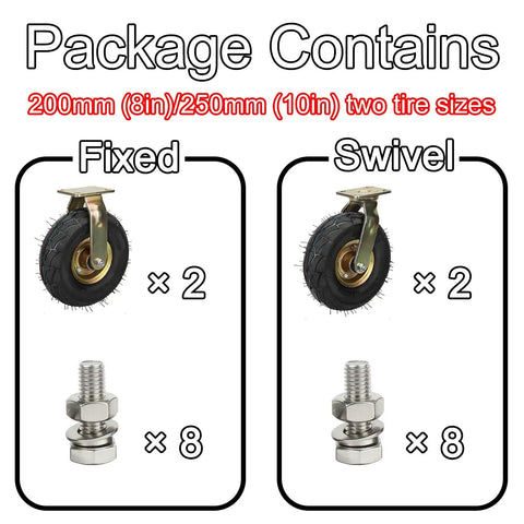 Heavy Duty Rubber Casters 2 Pack 8 Inch Swivel And Fixed Industrial Wheels With Mounting Screws parts listing showing fixed and swivel wheels.