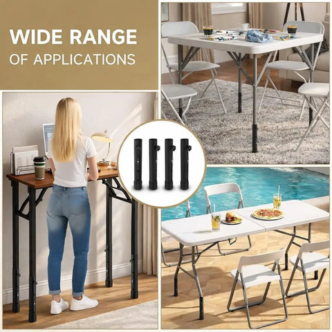 Adjustable Folding Table Leg Risers Four Pack Metal Height Extenders For Straight And Bent Legs Kick Back Pain To The Curb Dial In Your Perfect Setup Desk Leveler That Truly Slaps showcasing various applications and adjustable heights.
