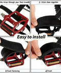 Installation steps for 4 Pack Bike Pedal Straps For Kids, Adjustable Toe Clip Belts For Cycling on a red pedal.