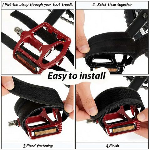 Installation steps for 4 Pack Bike Pedal Straps For Kids, Adjustable Toe Clip Belts For Cycling on a red pedal.