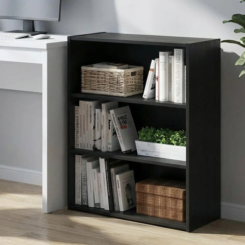 3-Tier Wide Book Shelf For Living Room, Bedroom, And Home Office with books and baskets on display