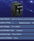 2 Pole 50 Amp Circuit Breaker For 120 And 240 Volt Panels With Standard Plug In Mount And Thermal Magnetic Protection