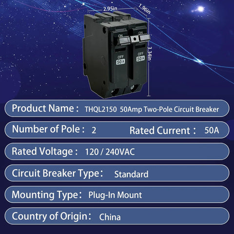 2 Pole 50 Amp Circuit Breaker For 120 And 240 Volt Panels With Standard Plug In Mount And Thermal Magnetic Protection