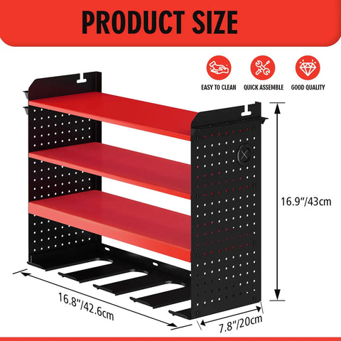 Power Tool Rack With Adjustable Height Wall Mount Red Tool Storage Organizer For Pegboard And Side Mount Garage, 280 lbs capacity