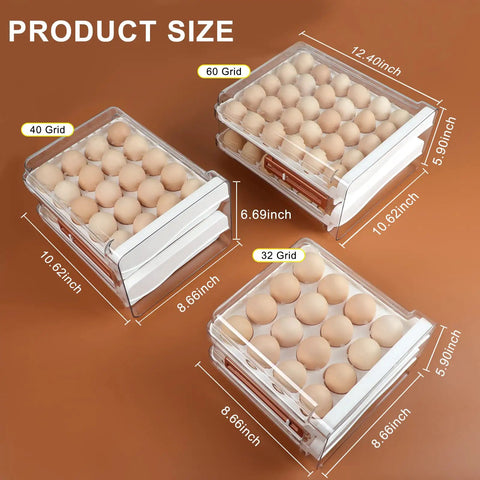 Two Layer Egg Organizer With Time Scale For Fridge 60 Egg Capacity Clear Plastic Storage Container sizes shown