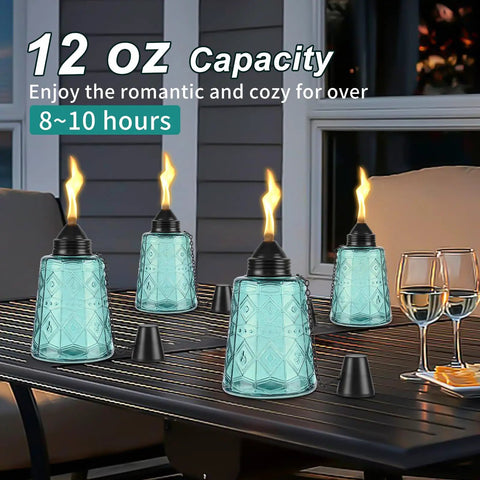 Four Pack Refillable Table Top Citronella Torches With Glass Canisters 12 Oz Each Blue Outdoor Lighting on patio table