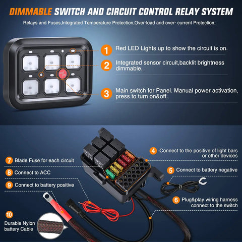 Diagram showing Six Gang Switch Panel With Relay And Fuse Harness For Cars Trucks Boats ATVs UTVs And SUVs Dimmable LED On Off Pod