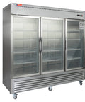 Heavy Duty Commercial Reach In Fridge With Three Tempered Glass Doors Solid Stainless Steel Kitchen Workhorse Real Deal Cold Display Cooler, 82 inches wide.