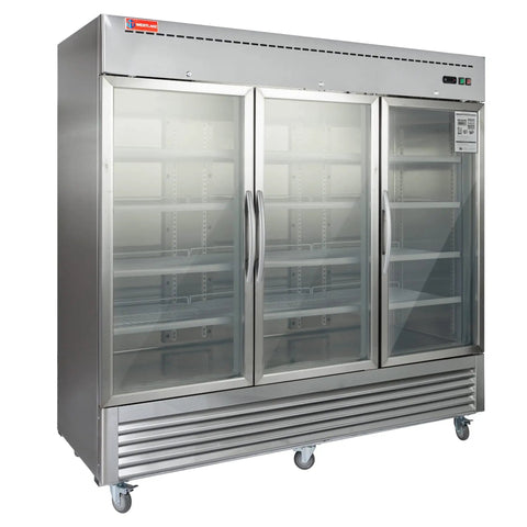 Heavy Duty Commercial Reach In Fridge With Three Tempered Glass Doors Solid Stainless Steel Kitchen Workhorse Real Deal Cold Display Cooler, 82 inches wide.