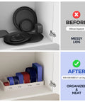 Expandable Food Storage Lid Organizer With Six Adjustable Dividers And 30 Writable Labels installed in cabinet