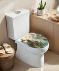 Elongated Traditional Chinoiserie Landscape Pagoda River Toilet Seat on a modern toilet in a stylish bathroom.