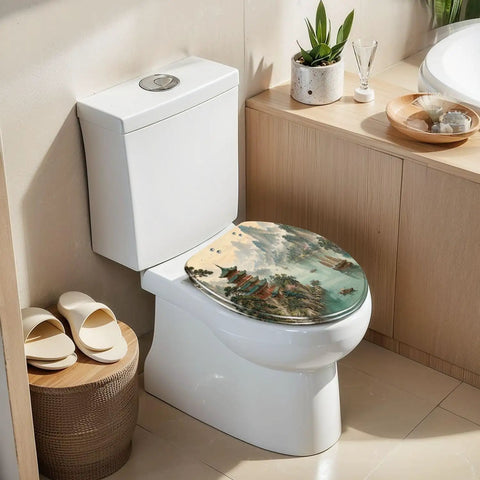 Elongated Traditional Chinoiserie Landscape Pagoda River Toilet Seat on a modern toilet in a stylish bathroom.