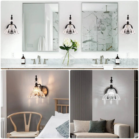 Matte Black Modern Bathroom Vanity Light Fixture Over Mirror Wall Sconces For Bedroom Hallway Living Room With Warm Soft White Led Glow And Easy Mount Dope Flower Shape Design, showcased in bathroom, bedroom, and living room settings.