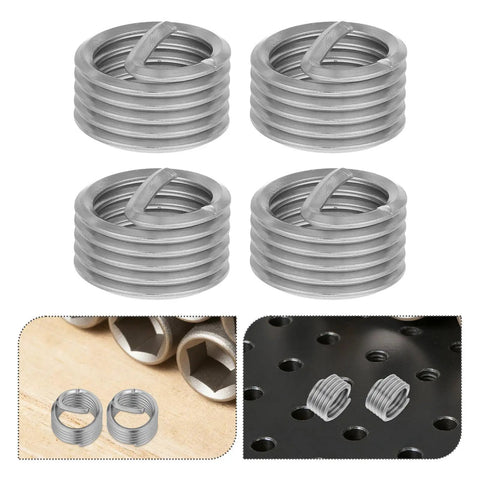10 Pcs M18 X 2.5 X 2D Stainless Steel Thread Inserts Kit For Fixing Damaged Threads In Auto, Machinery, And Home DIY Projects, Durable Wire Thread Inserts For Quick And Strong Heavy Duty Thread Restoration, shown with repair uses
