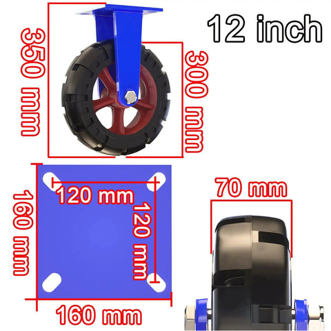 Heavy Duty Industrial Caster Wheels Set Of Four Featuring Silent Shock Absorbing Rubber Treads And Reinforced Steel Plates With Two Locking Brakes And Two Fixed Units designed for 12-inch heavy load transport.