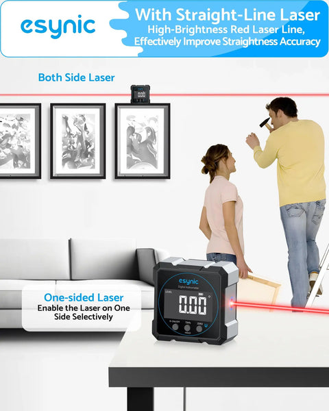 IP54 Waterproof Digital Angle Finder With Pro Grade Laser Level Portable Box Type C Rechargeable Four Side Magnetic Gauge Backlit LCD Display For Woodworking Construction Carpentry Metal Fabrication on table with red laser line