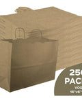 Pack of 250 Go-To Heavy-Duty Kraft Paper Gift Bags In Brown With Reinforced Block Bottom, 16x6x13 Inches, stacked and displayed.