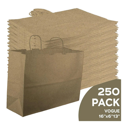 Pack of 250 Go-To Heavy-Duty Kraft Paper Gift Bags In Brown With Reinforced Block Bottom, 16x6x13 Inches, stacked and displayed.