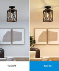 Rustic Farmhouse Flush Mount Ceiling Light With Metal Frame And Wood Grain Finish in hallway, shown turned off and on.