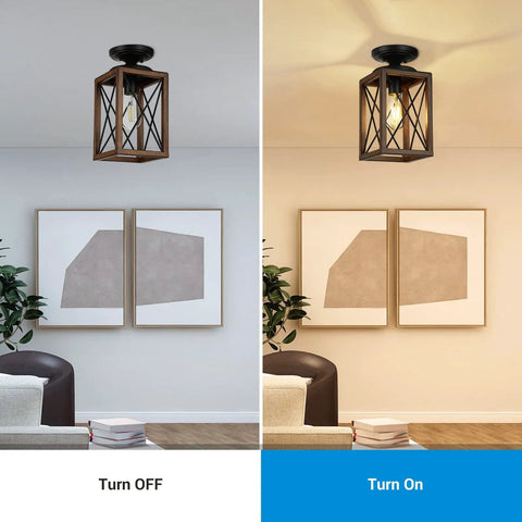 Rustic Farmhouse Flush Mount Ceiling Light With Metal Frame And Wood Grain Finish in hallway, shown turned off and on.