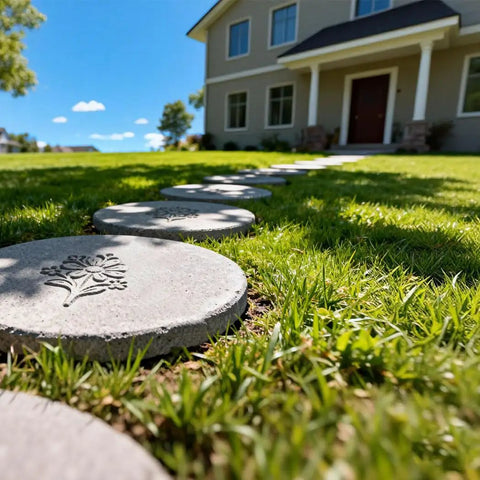 Round stepping stones on grass path using 8 Piece Round Stepping Stone Molds For Concrete Easy DIY Paver Molds With 11.8 Inch Diameter.