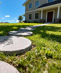 Garden path with Round Stepping Stone Molds 4 Pack For Concrete, 10.2 Inch Diameter And 1.18 Inch Deep, featuring floral design.