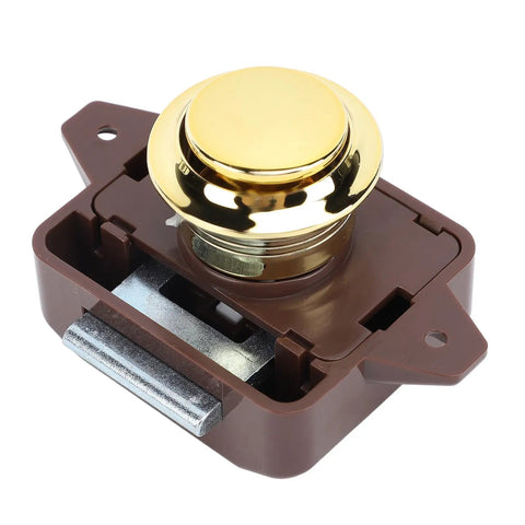 Cabinet Push Button Latch Keyless Cupboard Lock With Smooth Finish For RV Yacht Motorhome Campervan Caravan Brown Base Gold Color Sleek And Secure One Touch Access For Cabinets And Closets