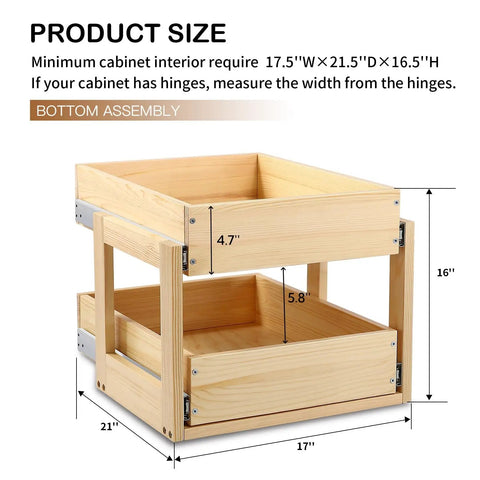 Premium Two Tier Pull Out Cabinet Organizer Featuring Ball Bearings And Smooth Glide Slide Out Drawer with dimensions 17.5"W x 21.5"D x 16"H.