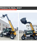 Heavy Duty Hydraulic Boom Loader Telescopic Forklift Built Different With Top Shelf Specs and Dead On Precision for Tough Daily Lifting Duties and Pro Crews, side and front views.