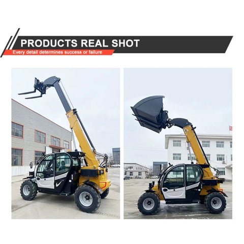 Heavy Duty Hydraulic Boom Loader Telescopic Forklift Built Different With Top Shelf Specs and Dead On Precision for Tough Daily Lifting Duties and Pro Crews, side and front views.