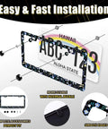 Floral Blue Flowers License Plate Frame Stainless Steel Durable Car Decor With Holes And Screws Fits Standard US Canada Vehicles 12.3 By 6.3 Inches Weatherproof Construction displayed with installation features and details.