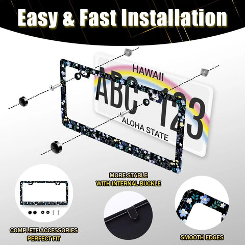Floral Blue Flowers License Plate Frame Stainless Steel Durable Car Decor With Holes And Screws Fits Standard US Canada Vehicles 12.3 By 6.3 Inches Weatherproof Construction displayed with installation features and details.