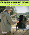 Person packing Beefy Portable Camping Light With 14000mAh Battery into a backpack outdoors.