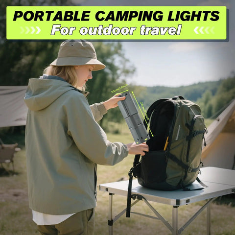 Person packing Beefy Portable Camping Light With 14000mAh Battery into a backpack outdoors.