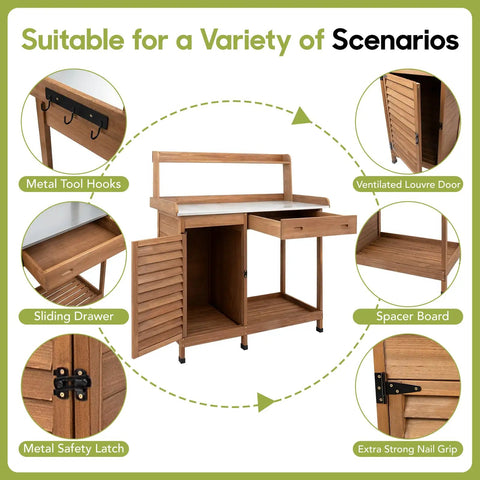 Outdoor Potting Bench Table For The Garden With Weatherproof Wooden Work Station Heavy Duty Metal Top Sliding Drawer Tool Hooks Open Shelf