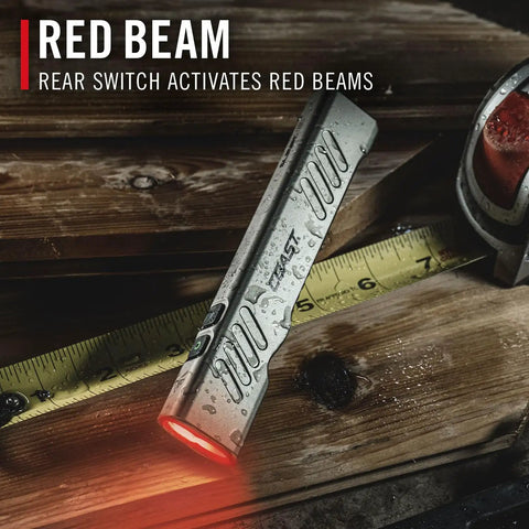 1000 Lumen USB C Rechargeable LED Flashlight with red mode on wooden surface, measuring tape beside it