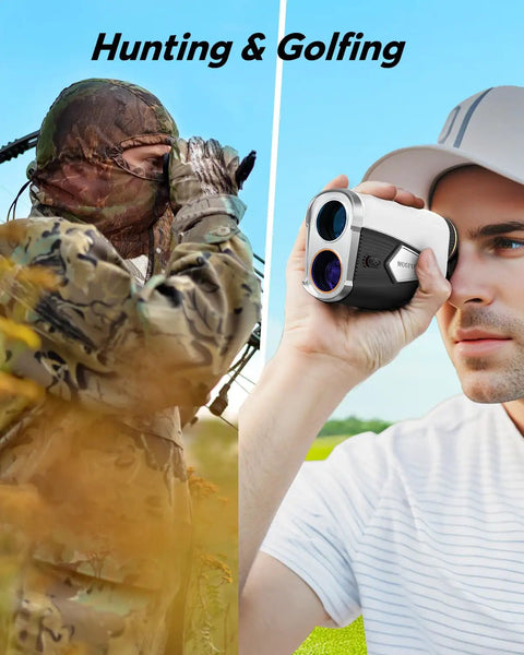 Slope Golf Rangefinder With 1500 Yards Range And 7X Magnification For Golf And Hunting in use by golfer and hunter